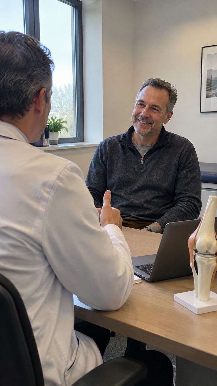 A clinician talking with a patient across a desk